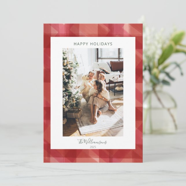 Red Watercolor Plaid Rustic Photo Christmas  Holiday Card (Standing Front)