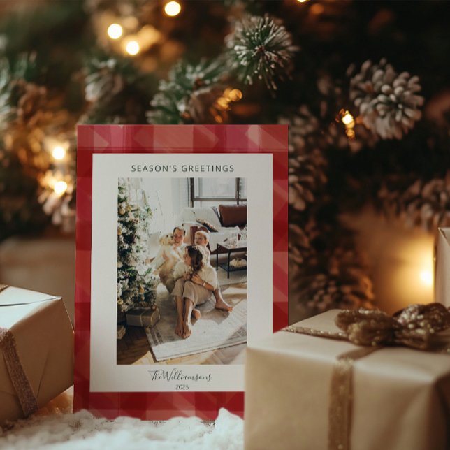 Red Watercolor Plaid Rustic Photo Seasons Greeting Holiday Card (Creator Uploaded)