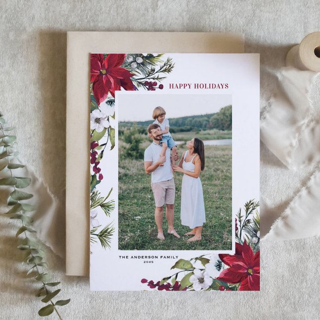 Red Watercolor Poinsettia Botanical Photo Holiday Card (Customizable photo holiday card featuring watercolor burgundy red poinsettia and white flowers)