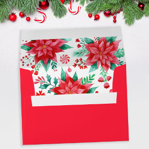 Red Watercolor Poinsettia Flowers Christmas Envelope