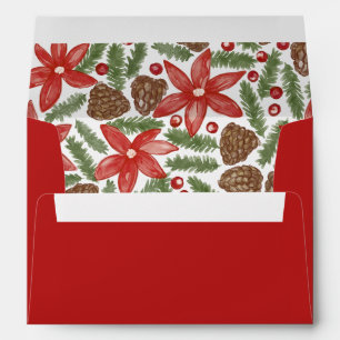 Red Watercolor Poinsettia & Pine Lining Christmas Envelope