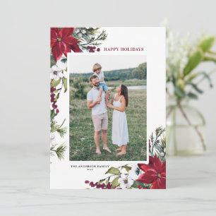 Red Watercolor Poinsettias Botanical Photo Holiday Card