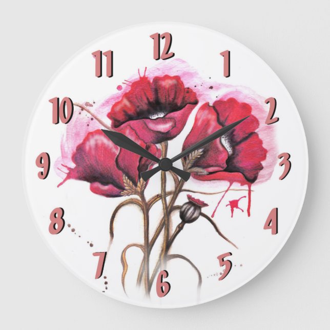 Red Watercolor Poppies Clock (Front)