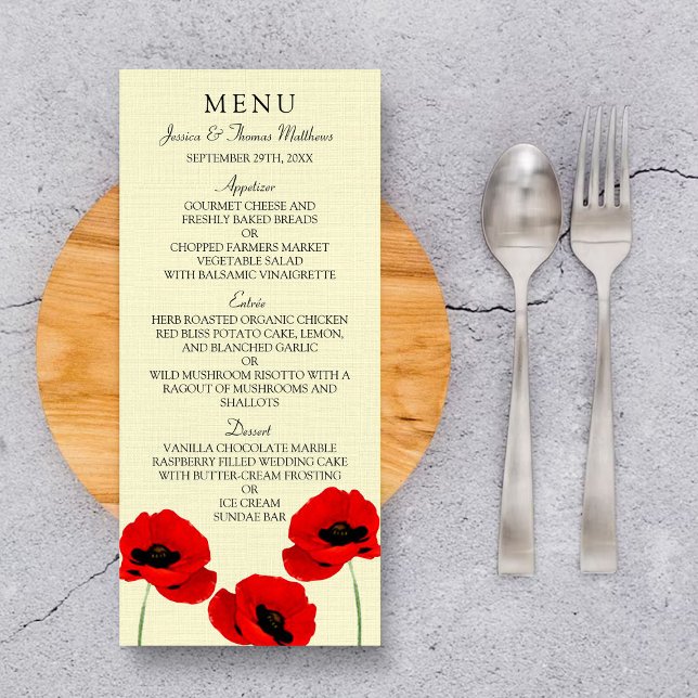Red Watercolor Poppies Floral Wedding Menu (Creator Uploaded)