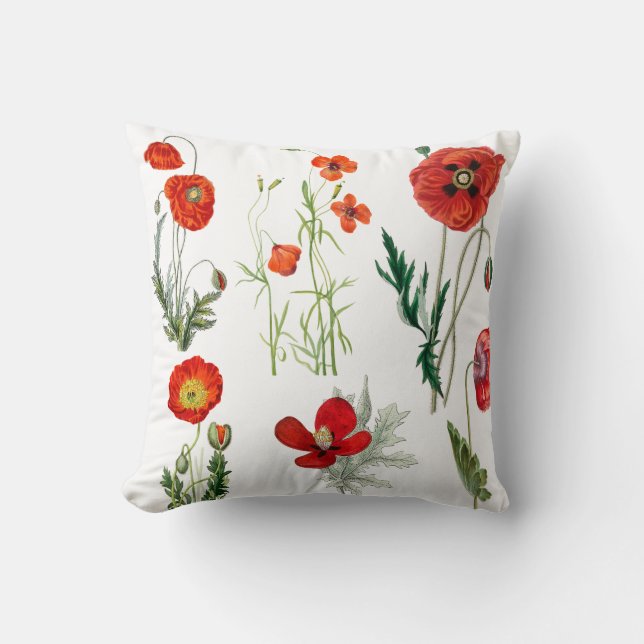 Red Watercolor Poppies Florals Cushion (Front)