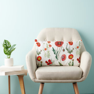 Red Watercolor Poppies Florals Lumbar Cushion