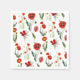 Red Watercolor Poppies Florals Napkin
