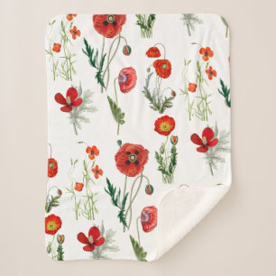 Red Watercolor Poppies Florals Sherpa Blanket