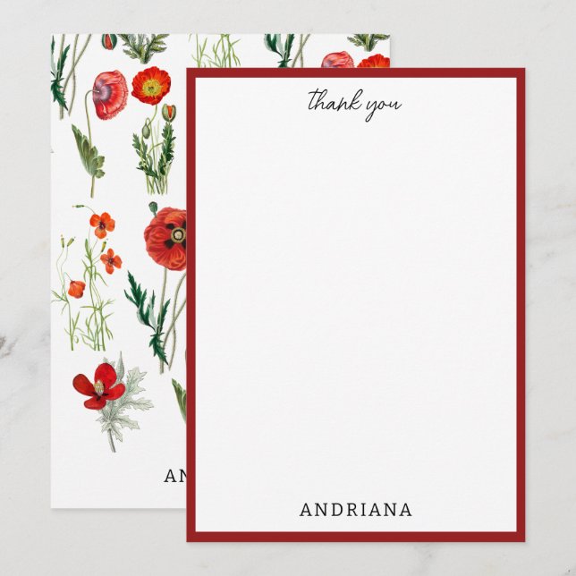 Red Watercolor Poppies Florals Thank You Card (Front/Back)