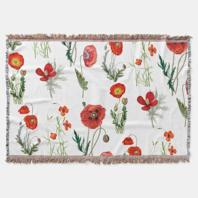 Red Watercolor Poppies Florals Throw Blanket (Front)
