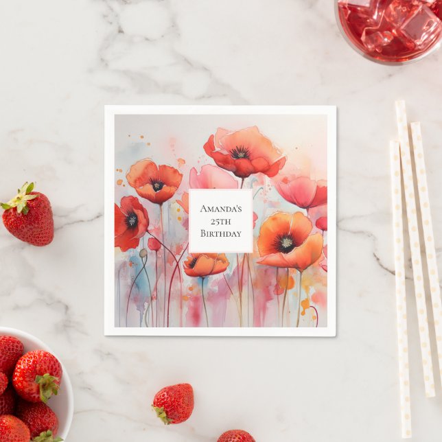 Red Watercolor Poppies in a Field Birthday Napkin (Insitu)