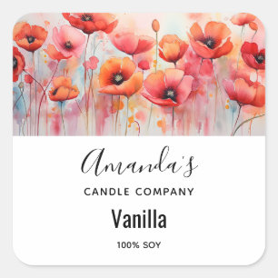Red Watercolor Poppies in a Field Candle Business Square Sticker