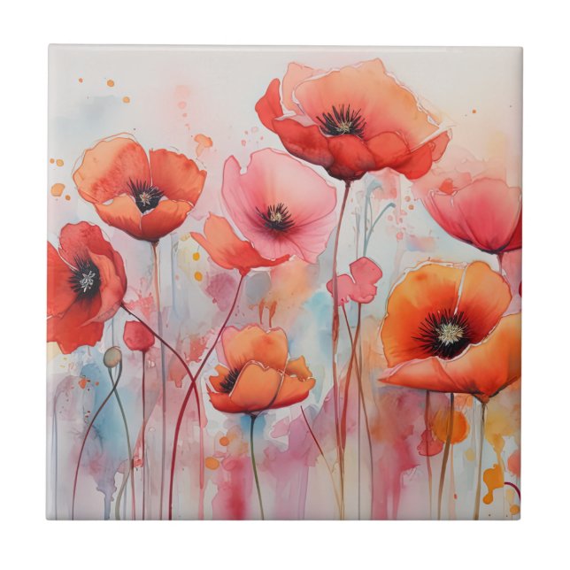 Red Watercolor Poppies in a Field Ceramic Tile (Front)