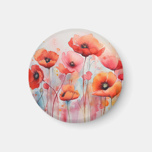 Red Watercolor Poppies in a Field Magnet