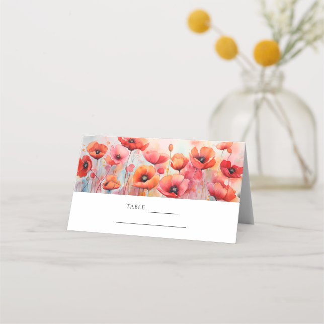 Red Watercolor Poppies in a Field Place Card (Front)
