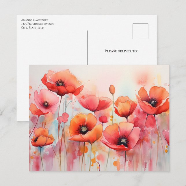 Red Watercolor Poppies in a Field Postcard (Front/Back)