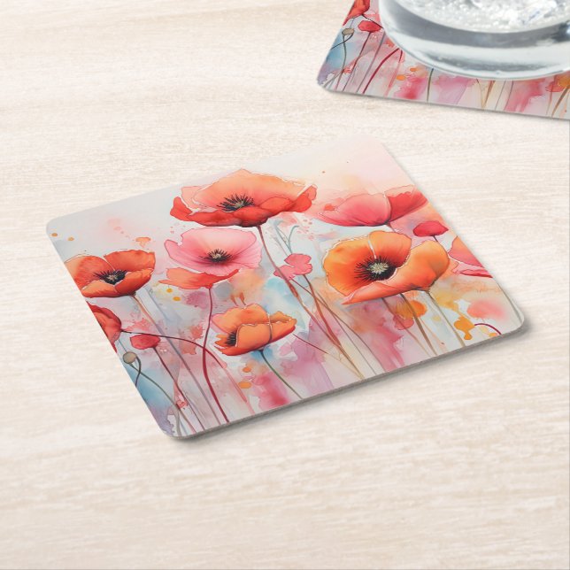 Red Watercolor Poppies in a Field Square Paper Coaster (Angled)