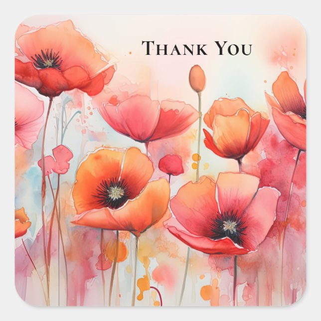 Red Watercolor Poppies in a Field Square Sticker (Front)