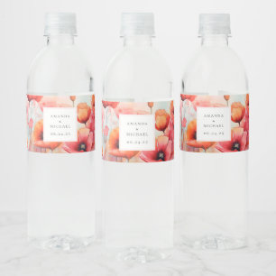 Red Watercolor Poppies in a Field Wedding Water Bottle Label