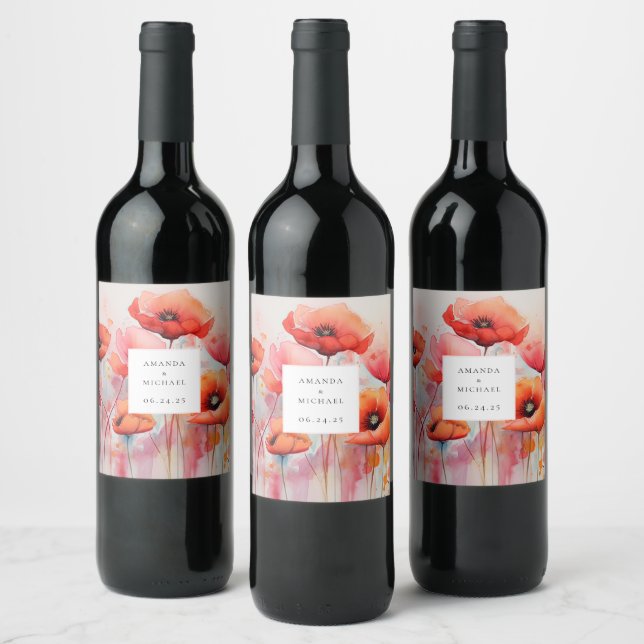 Red Watercolor Poppies in a Field - Wedding Wine Label (Bottles)