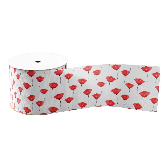 Red Watercolor Poppies Pattern Grosgrain Ribbon (Spool)