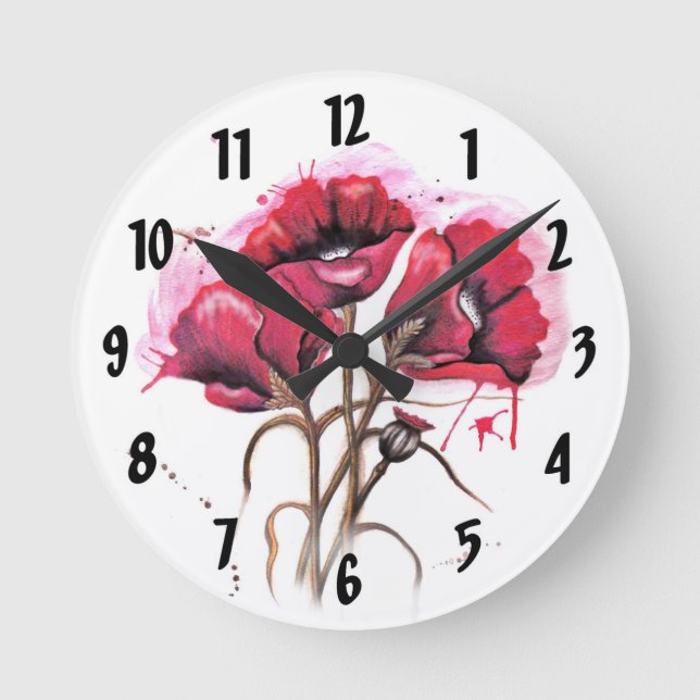 Red Watercolor Poppy Clock Design (Front)