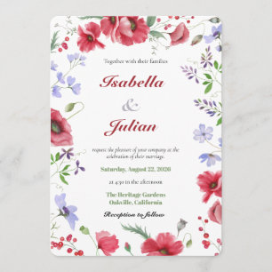Red Watercolor Poppy & Lavender Floral Wedding Invitation