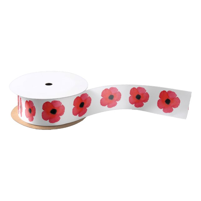 Red Watercolor Poppy Pattern Satin Ribbon (Spool)
