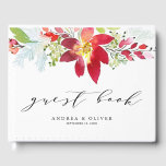 Red Watercolor Red Christmas Flowers Wedding Guest Book<br><div class="desc">Celebrate with this floral wedding guest book. Guest can record happy memories or leave well wishes. It features watercolor illustrations of red flowers, blooms, green foliage and pine needles with elegant script and modern typography. Personalise by adding names, dates and photo. This floral guest book is perfect for spring and...</div>