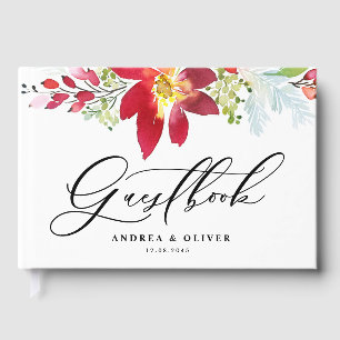 Red Watercolor Red Christmas Flowers Wedding Guest Book