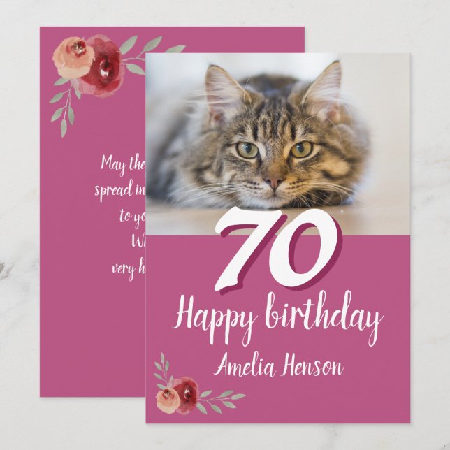 Red Watercolor Rose Cat Photo 70th Birthday (Front/Back)