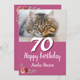 Red Watercolor Rose Cat Photo 70th Birthday