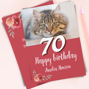 Red Watercolor Rose Cat Photo 70th Birthday