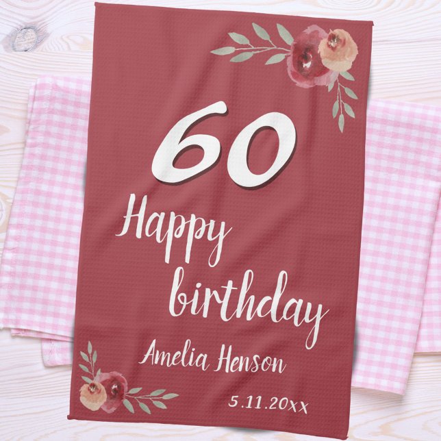 Red Watercolor Rose Floral 60th Birthday Tea Towel (Creator Uploaded)