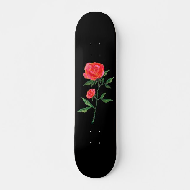 Red Watercolor Rose on Black Skateboard (Front)