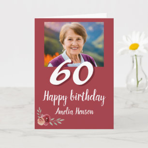 Red Watercolor Rose Photo 60th Birthday  Card