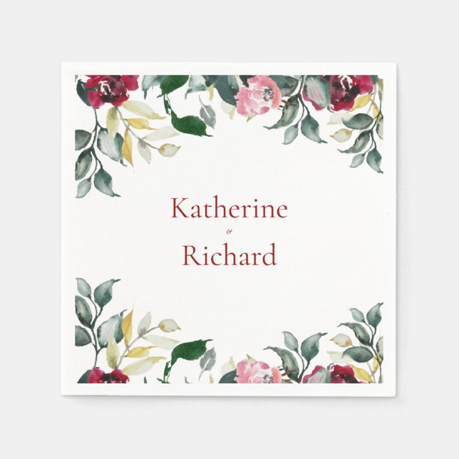 Red Watercolor Rose Wedding Cocktail Napkin (Front)