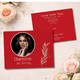 Red Watercolor RoseGold Leaf Photo 21st Birthday Foil Invitation Postcard
