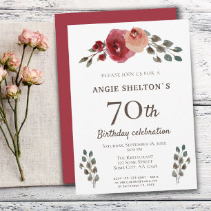 Red Watercolor Roses Floral 70th Birthday Party Invitation