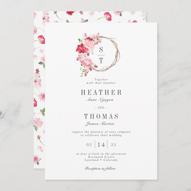 Red Watercolor Roses Monogram Wreath Wedding Invitation (Front/Back)