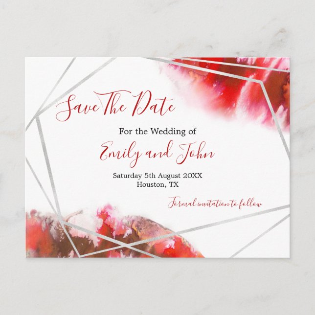 Red Watercolor/Silver Geometric/Save The Date Postcard (Front)