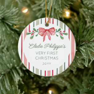Red Watercolor Sprigs Bow Baby's First Christmas Ceramic Ornament