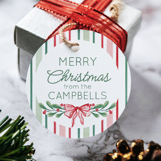 Red Watercolor Sprigs Bow Merry Christmas Favour Tags