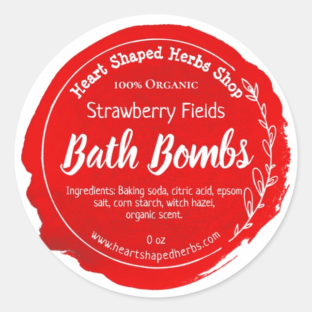 Red Watercolor Stain Strawberry Bath Bomb Classic Round Sticker (Front)