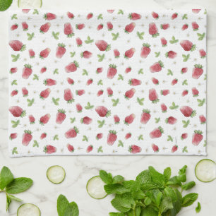 Red Watercolor Strawberries Tea Towel