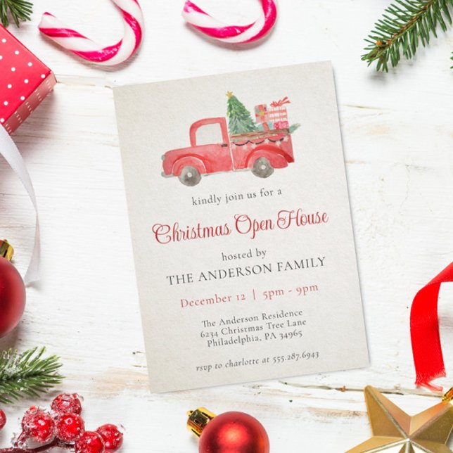 Red Watercolor Truck Christmas Holiday Open House Invitation (Creator Uploaded)