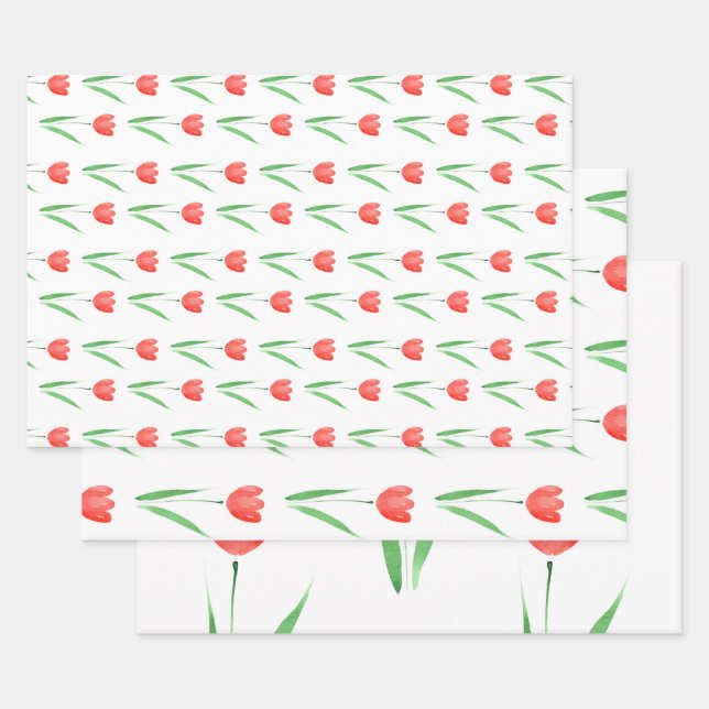 Red Watercolor Tulip Pattern   Wrapping Paper Sheet (Set)