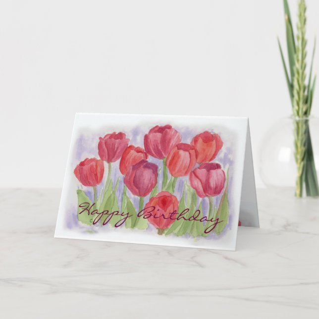 Red Watercolor Tulips Birthday Card (Front)