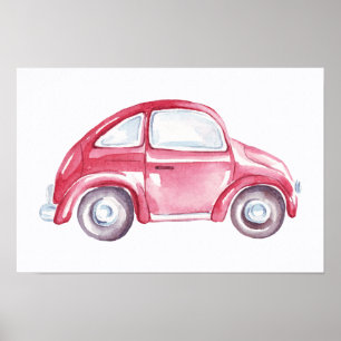 Red Watercolor Vintage Retro Buggy Bug Car Poster