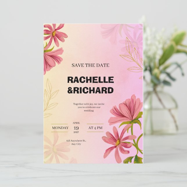 Red watercolor wedding invitation (Standing Front)